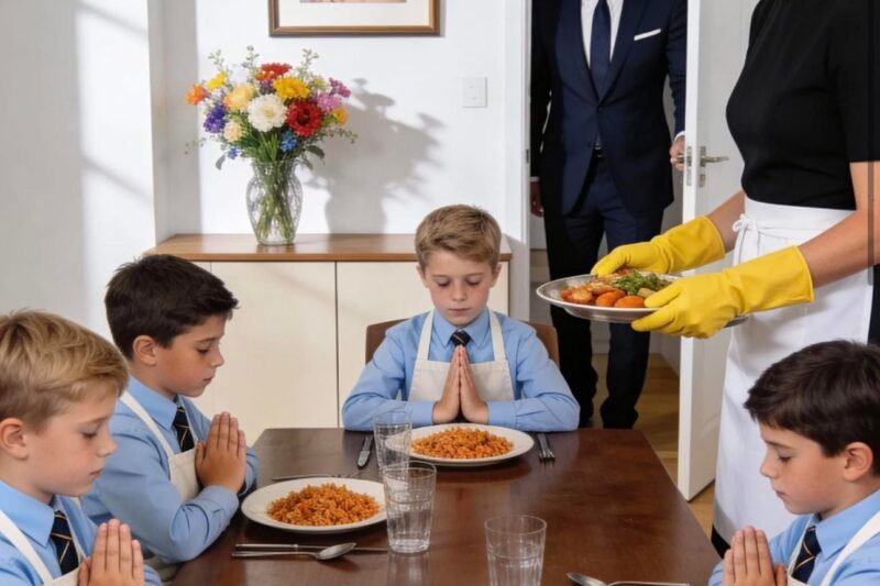 Das Dienstmädchen färbte heimlich einen Topf billigen Reis gelb und nannte ihn „Goldreis“, damit sich die vier kleinen Jungen wie Prinzen fühlten … Aber an dem Tag, an dem der Milliardär früh nach Hause kam und ihn sah, erstarrte er — weil die Jungen genau wie er aussahen und dieser „Goldreis“ das Geheimnis war, das sie am Leben hielt.