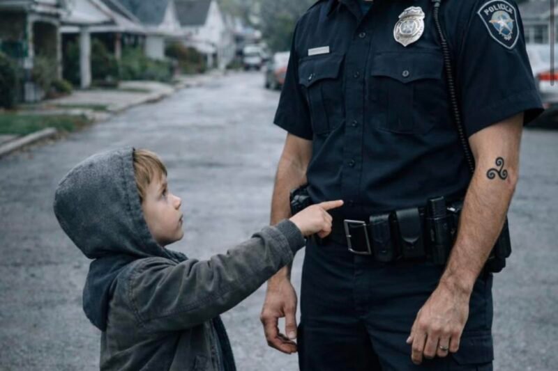 Ein kleiner Junge zeigte auf das Tattoo des Polizisten und sagte: „Mein Vater hatte das gleiche“ — es war eine ruhige Morgenpatrouille, bis der Beamte erstarrte