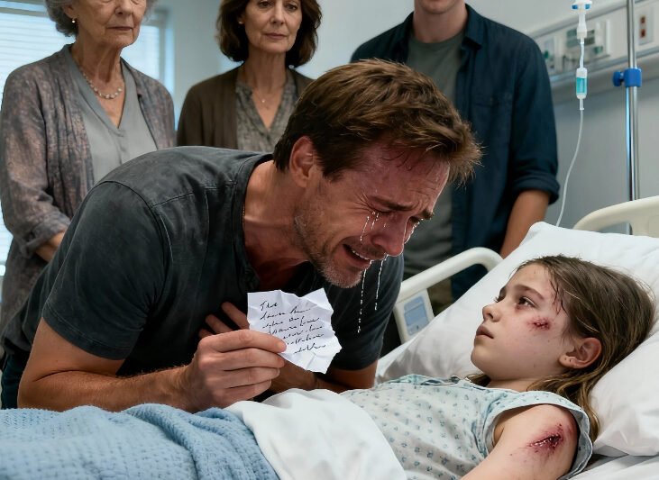 Ich saß am Krankenhausbett meiner Tochter und hielt ihre Hand fest, als der Arzt sagte: „Der Sturz war heftig. Sie wacht vielleicht nicht mehr auf.“ Meine Frau brach in Tränen aus, und meine Schwiegermutter flüsterte: „Vielleicht ist es besser so … sie war immer zu schwierig.“ Mein Bruder fügte hinzu: „Manche Kinder machen nur Ärger, um Aufmerksamkeit zu bekommen.“ Da bemerkte ich einen zerknitterten Zettel in der Hand meiner Tochter. Darauf stand: „Papa, falls mir etwas passiert, schau dir die Kamera an, die ich in meinem Zimmer installiert habe.“ Ich fuhr sofort nach Hause, sah mir die Aufnahmen an – und rief ohne zu zögern die Polizei.