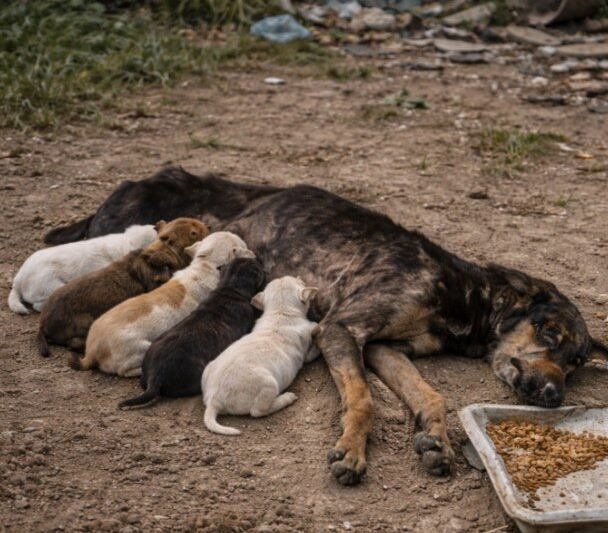 Selbst mit gebrochener Wirbelsäule ertrug sie den Schmerz, um sich um ihre sechs Welpen zu kümmern.
